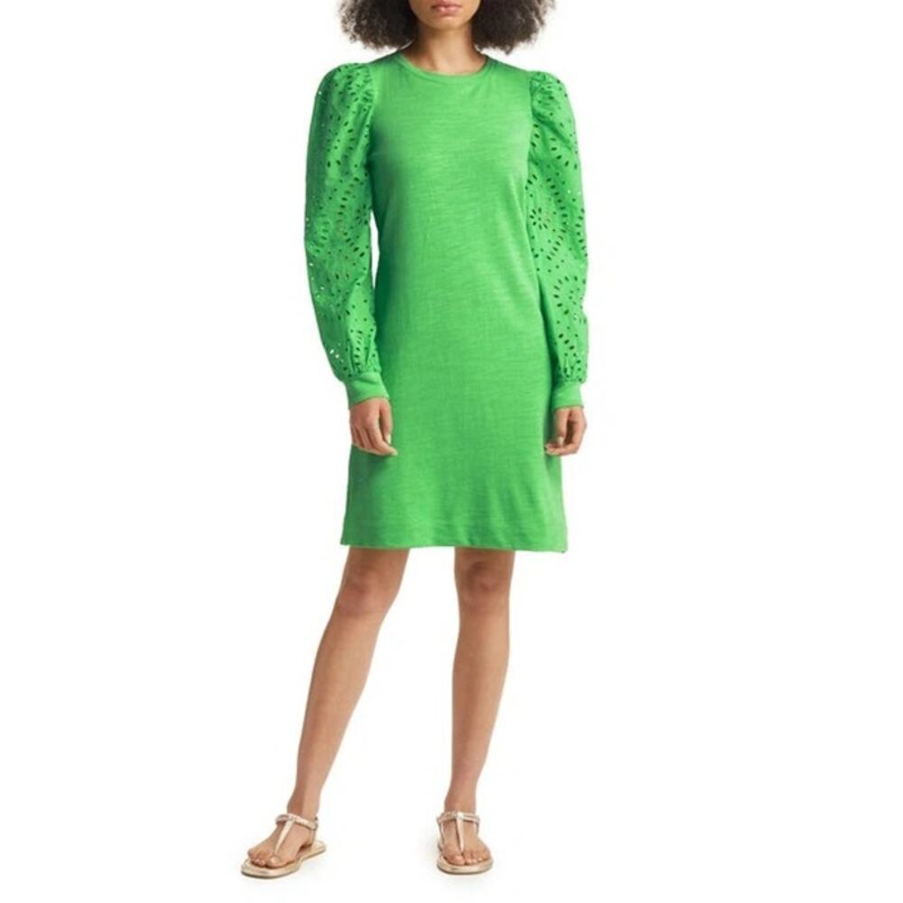 Lilly Pulitzer Womens Jasona Eyelet Long Sleeve Cabana Green Shift Dress Large